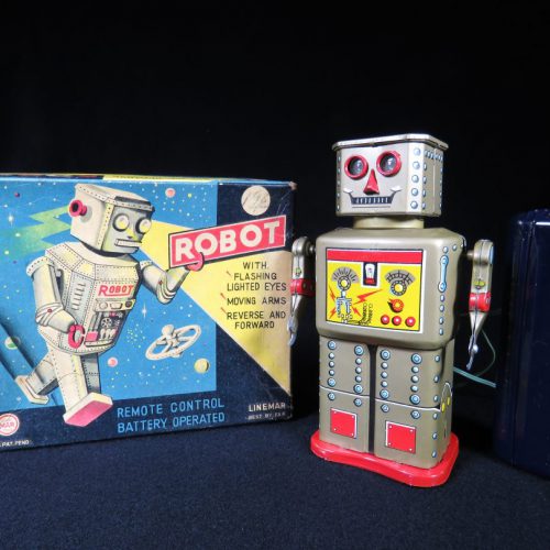 Antique Vintage Tin Lithograph Space Golden Robot Battery Operated Toy Linemar Japan