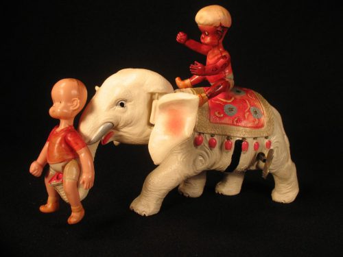 Vintage Antique Tin and Celluloid Henry on Elephant Wind-up Toy Borgfeldt Koyo Japan