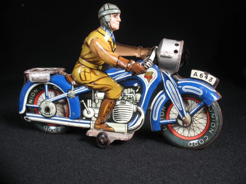 Vintage Antique Tin Lithograph Motorcycle Bike A643 with Rider Wind-up Toy Arnold US Zone Germany