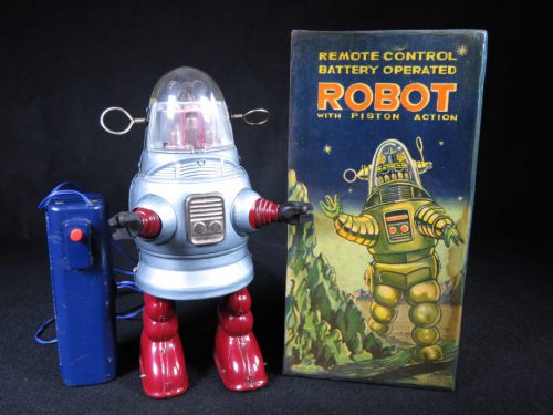 Antique Vintage Tin Lithograph Space Piston Action Pug Robby Robot Battery Operated Toy Nomura Japan