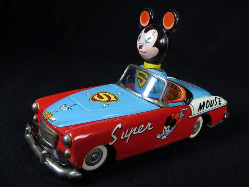 Vintage Antique Tin Lithograph Super Man Mouse Car Wind-up Toy Japan