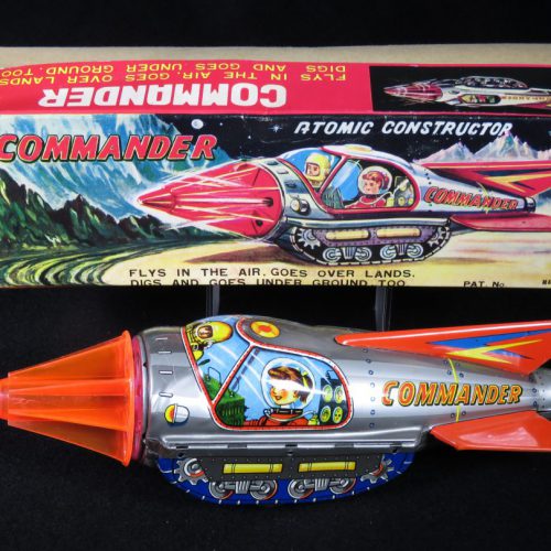 Antique Vintage Atomic Constructor Commander - KO, Yoshiya – Japan Tin Lithograph Friction Powered Futuristic Space Tank with Huge Drill in Original Box For Sale