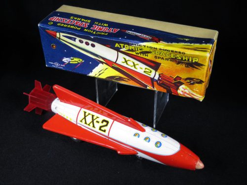 Antique Vintage Atomic Spaceship XX-2 Rocket - T.N, Nomura – Japan Tin Lithograph Friction Powered Futuristic Space Toy For Sale