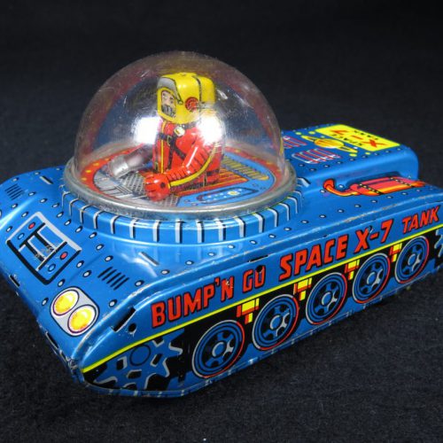 Antique Vintage Bump'N Go X-7 Space Tank - KO, Yoshiya – Japan Tin Lithograph Friction Powered Futuristic Space Vehicle Car Toy For Sale with Astronaut