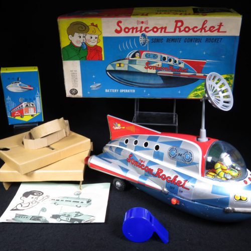 Antique / Vintage Checkered Sonicon Rocket - Masudaya – Japan Tin Lithograph Battery Operated Futuristic Space Ship Toy For Sale