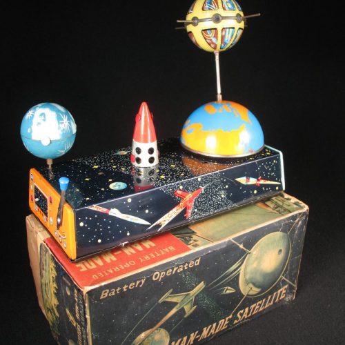 Antique Vintage Man-Made Satellite - Swallow, Hoku – Japan Tin Lithograph Battery Operated Futuristic Rocket and Lunar Moon Toy with Original Box For Sale