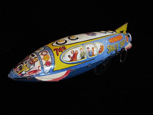 Antique Vintage Moon Rider Space Ship - Marx – England Tin Lithograph Mechanical Wind-Up Powered Futuristic T.V. Space Rocket Ship Toy For Sale