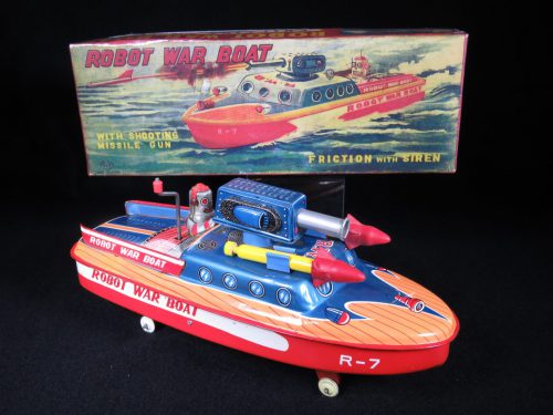 Antique Vintage Robot War Boat - ASC, Aoshin – Japan Tin Lithograph Wind-Up Futuristic Space Ship with Missiles Toy For Sale