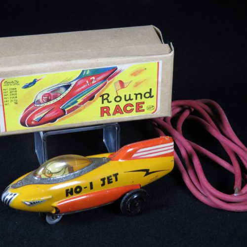 Antique Vintage Round Race Rocket Car Jet No. 1 - Asahi – Japan Tin Lithograph Futuristic Space Vehicle Toy with Original Box For Sale