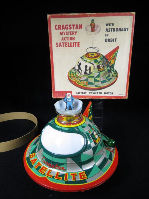 Antique Vintage Satellite Mystery Flying Saucer - Masudaya, Cragstan – Japan Tin Lithograph Battery Operated UFO Vehicle Toy For Sale