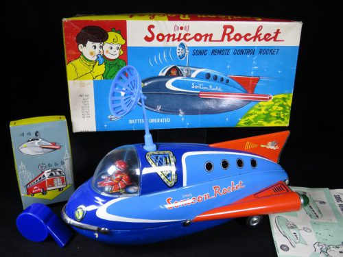 Antique / Vintage Sonicon Rocket - Masudaya – Japan Tin Lithograph Battery Operated Space Ship Vehicle Toy For Sale