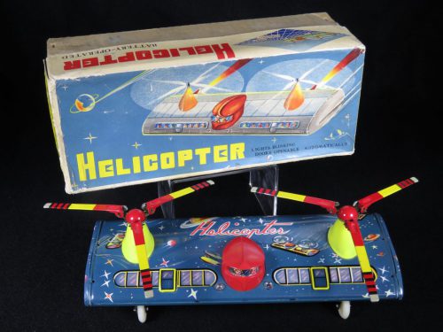 Antique Vintage Space Helicopter ME-632 - Unknown - Red China Tin Lithograph Battery Operated Futuristic Flying Vehicle Toy For Sale