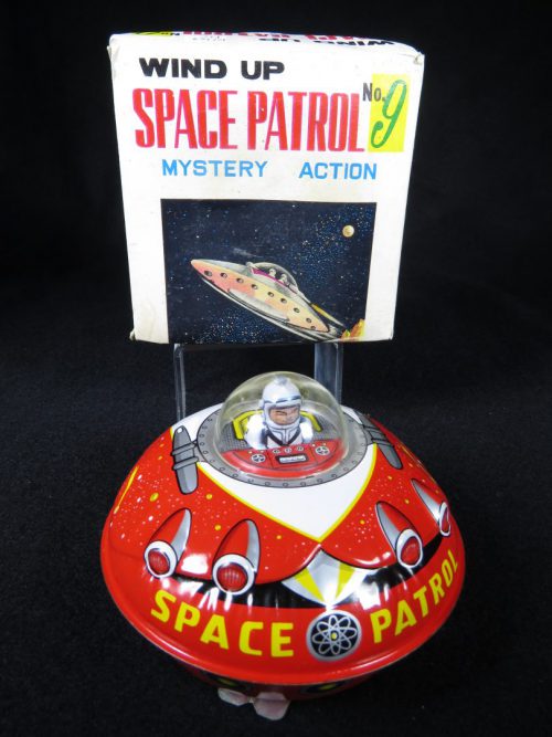 Antique Vintage Space Patrol #9 Flying Saucer - T.T, Takatoku – Japan Tin Lithograph Friction Powered UFO Spaceship with Astronaut Toy For Sale
