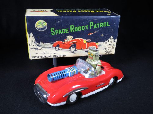 Antique Vintage Space Robot Patrol Car - Asahi – Japan Tin Lithograph Friction Powered Futuristic Lunar Moon Vehicle with Large Atomic Machine Gun Toy For Sale and Original Box
