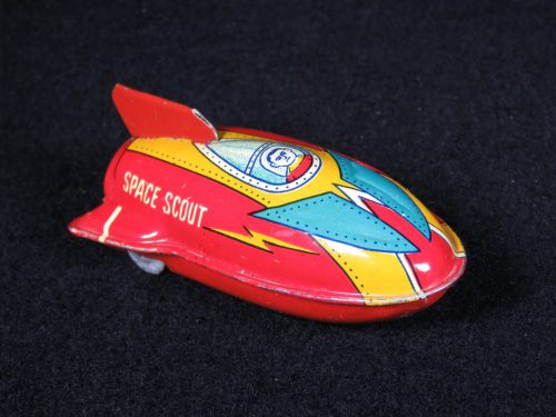 Antique Vintage Space Scout Rocket - Suzuki – Japan Tin Lithograph Friction Powered Futuristic Rocketship Missile Toy For Sale