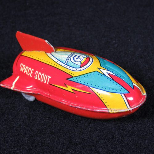 Antique Vintage Space Scout Rocket - Suzuki – Japan Tin Lithograph Friction Powered Futuristic Rocketship Missile Toy For Sale