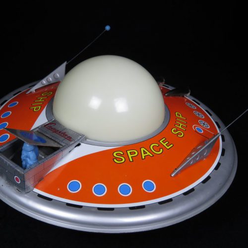 Antique Vintage Space Ship Flying Saucer with Astronaut - KO, Yoshiya, Cragstan – Japan Tin Lithograph Battery Operated UFO Vehicle Toy For Sale