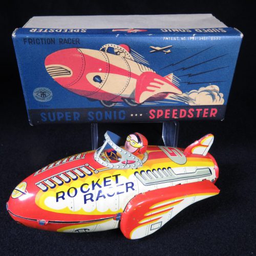Antique Vintage Super Sonic Speedster Rocket Racer - Masudaya – Japan Tin Lithograph Friction Powered Futuristic Space Rocketship Vehicle Toy For Sale