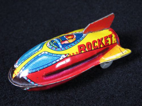 Antique Vintage V-3 Rocket - Suzuki – Japan Tin Lithograph Friction Powered Futuristic Space Rocketship Missile Toy For Sale