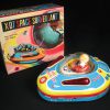 Antique Vintage X-07 Space Surveillant - Masudaya – Japan Tin Lithograph Battery Operated Futuristic Flying UFO Saucer with Astronaut Toy For Sale