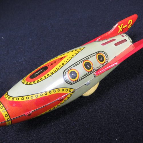 Antique Vintage X-2 Space Rocket - Masudaya – Japan Tin Lithograph Friction Powered Futuristic Rocket Ship Missile Toy For Sale