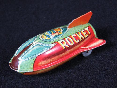 Antique Vintage XYZ Space Rocket - Suzuki – Japan Tin Lithograph Friction Powered Futuristic Missile Ship Toy For Sale