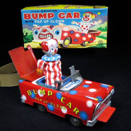 Vintage Antique Tin Lithograph Friction Circus Clown Bump Car Toy Japan